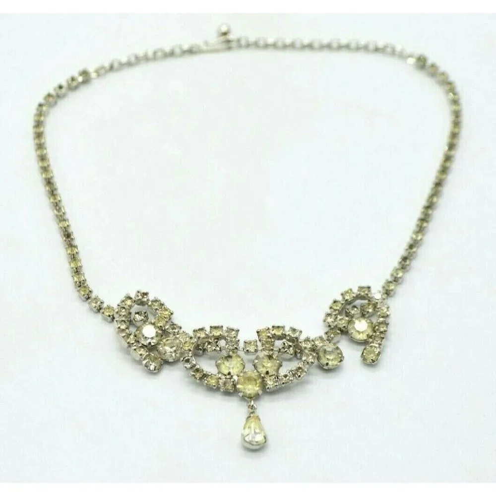 Clear Rhinestone Dangle Silver Tone Choker Necklac